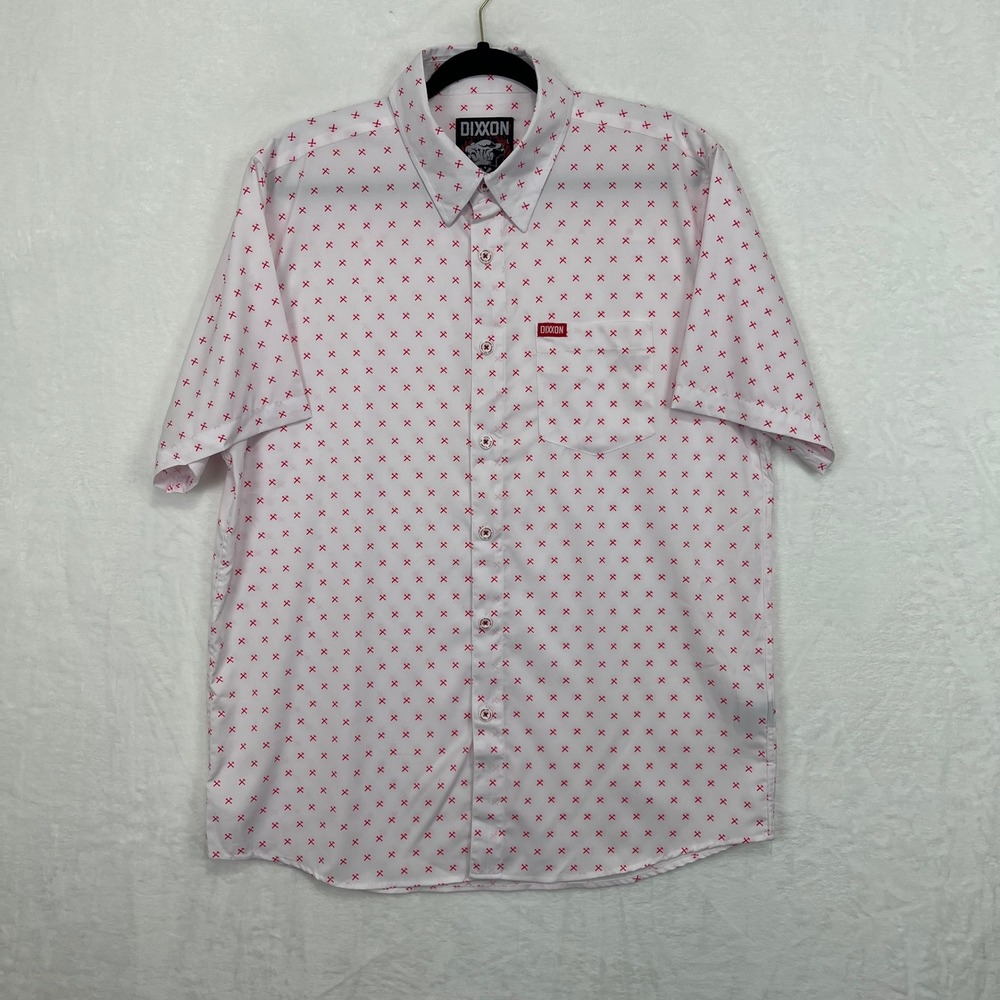 Dixxon Finney Party Shirt Mens Large White Red Tools AOP Short Sleeve Button Up